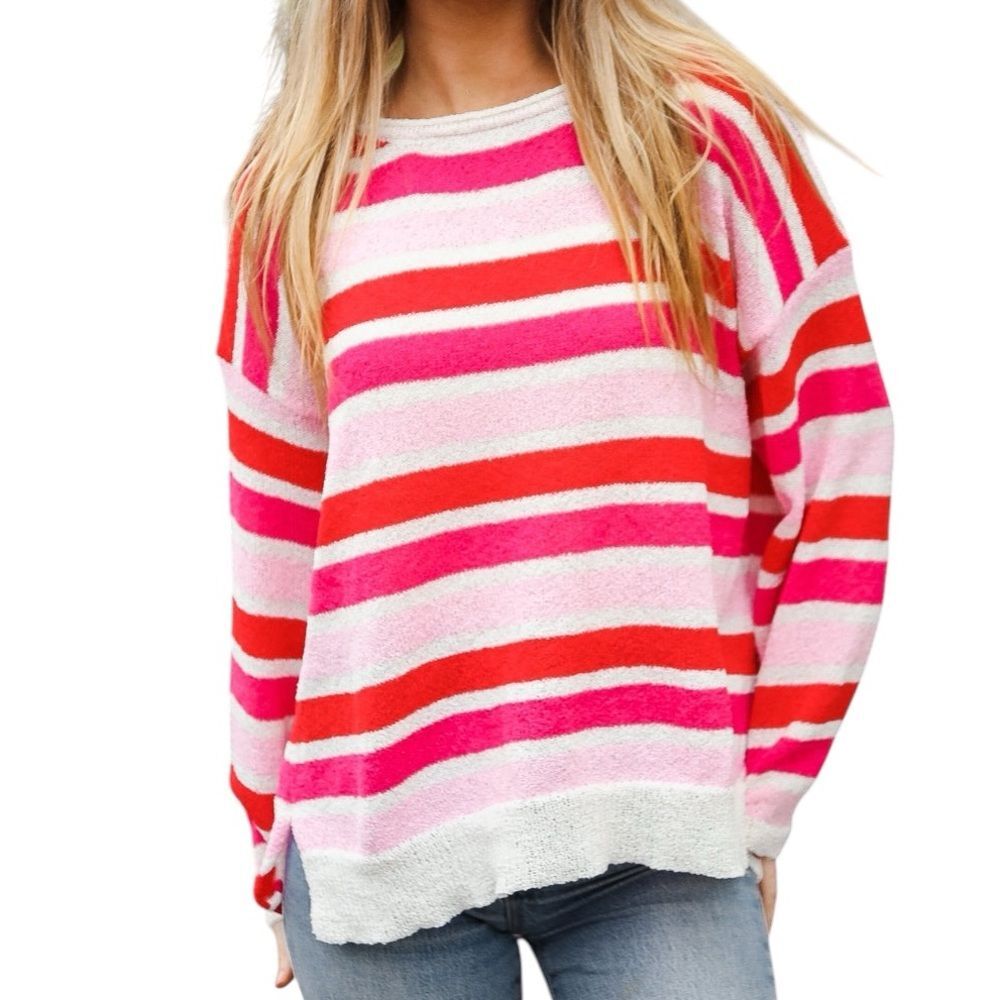 Haptics Pink Red White Striped Oversized Knit Top Size Large NWT